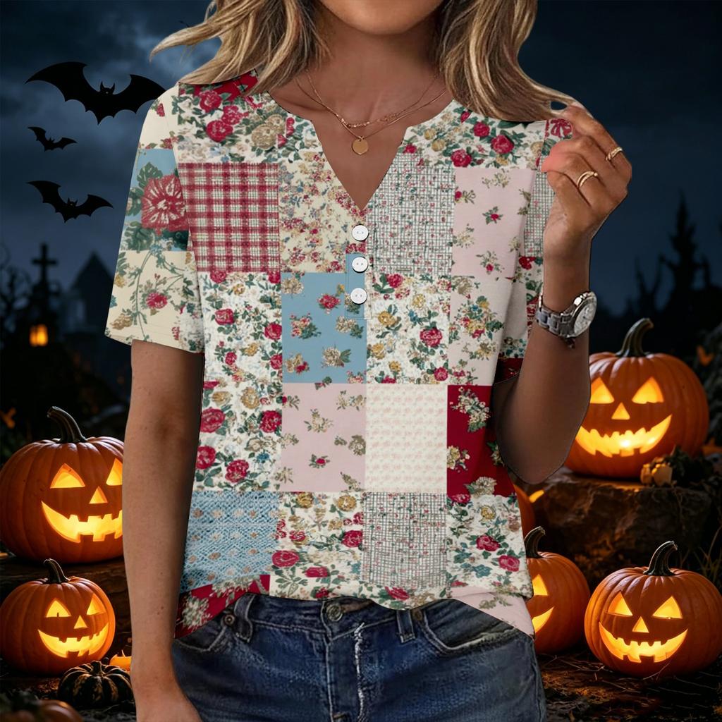Women's Halloween Printed V-Neck Short Sleeve T-Shirt with Pocket, Loose Fit