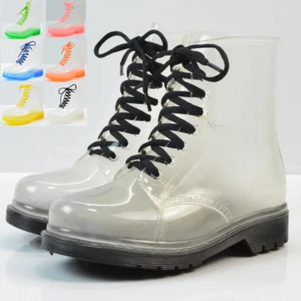 Kobiety Przezroczyste Kalosze Gumowe Sznurowane Kobiety Botki Wodoodporne Codzienne Wygodne Damskie Buty