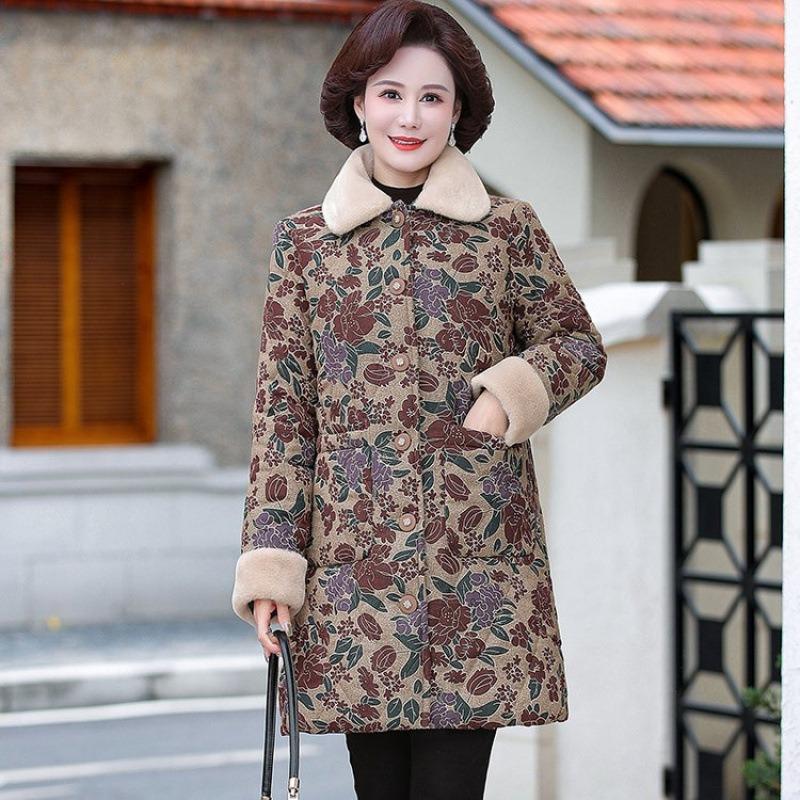 

Зимнее новое бархатное длинное утолщенное теплое хлопковое пальто средней длины женская цветочная хлопковая куртка хлопковая куртка 5XL [Recommended 150-80 kg]