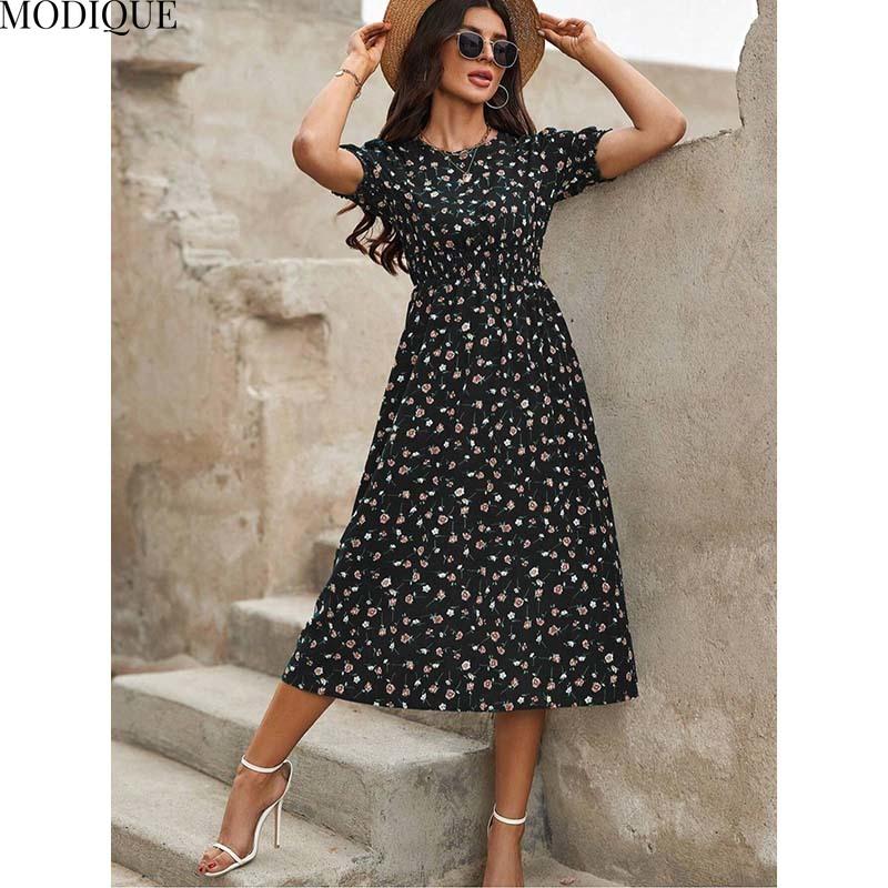 MODIQUE 2025 Yaz Yeni Kadın Zarif Çiçek Desenli Kabarık Kollu Lastikli Bel Uzun Elbise Bayan Günlük A-Kesim O Yaka Elbise