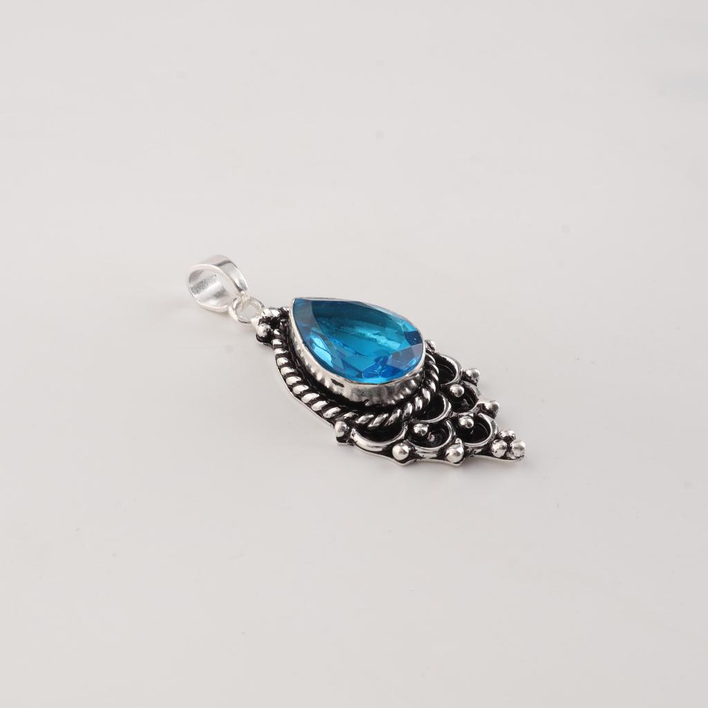 Swiss Blue Topaz Gemstone 925 Sterling Silver Jewelry Statement Designer Pendant 1.5" For Her PP-70-13