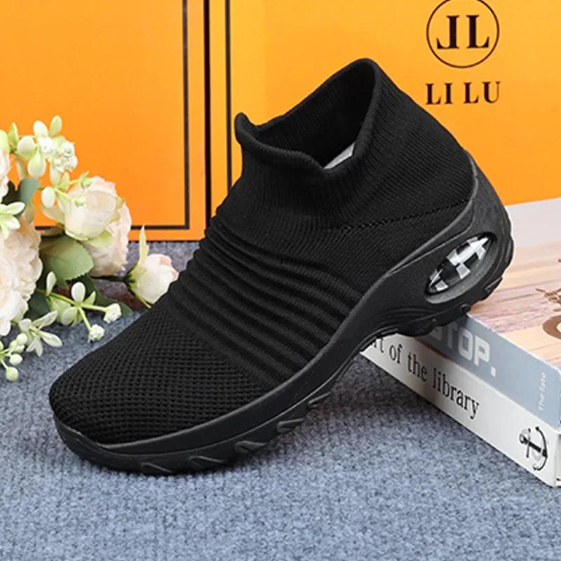 

Women S Platform Shoes Knitted Mesh Breathable Anti Slip Walking Shoes Comfortable Sliding Sleeves Height Increasing Mother Shoe 36