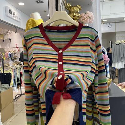 Novo Cardigã de Tricô Feminino com Cor Contrastante Decote V Listras Arco-Íris Moda Temperamento Slim Manga Longa Suéter Estilo Primavera Outono