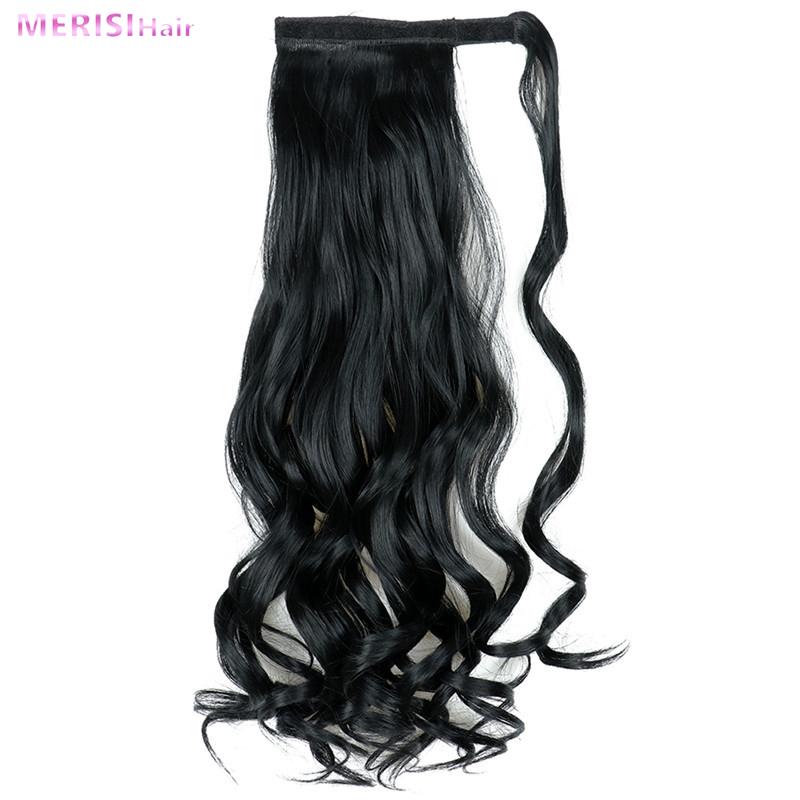 MERISIHAIR Pakk rundt på syntetisk hårstykke Langbølget klips i hestehale Ren farge hårforlengelser Ekte naturlig 22 tommer hestehale