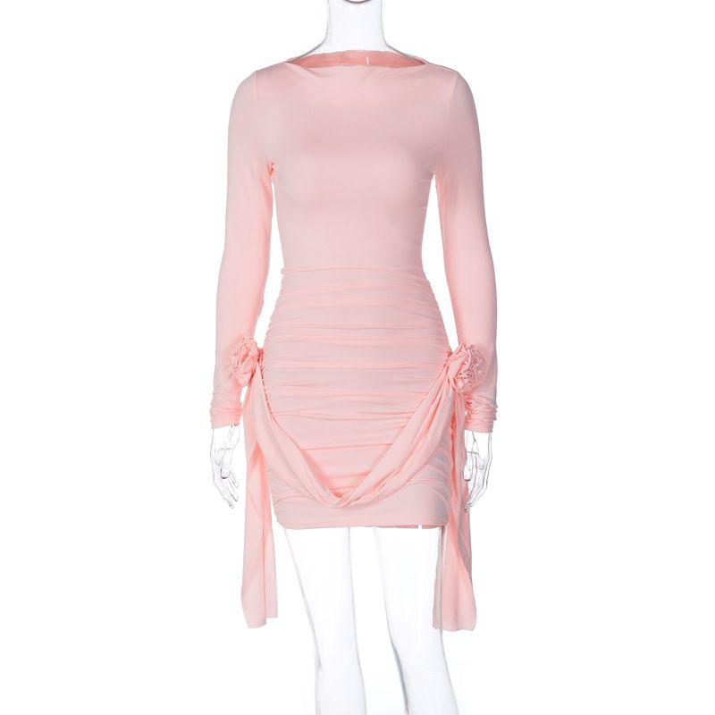 

Платье в стиле INS с эластичными длинными рукавами и лентой, цветы Pink L