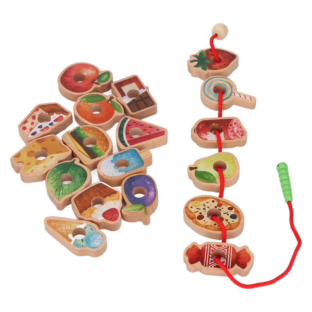 Wooden Threading Toy Fine Motor Skills Early Learning Food Fruit Shape Blocks Lacing Toy for Toddler