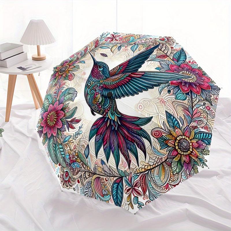 1pc Colorful Hummingbird amidst Floral Mandala Automatic Opening and Closing Umbrella - Lightweight 3-Fold Design, Suitable for Fans, Travel, Dai