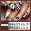 24 Pcs Checkerboard Press On Nail Medium Square False Nail White Flowers Acrylic Nail French Full Cover Stick On Nail