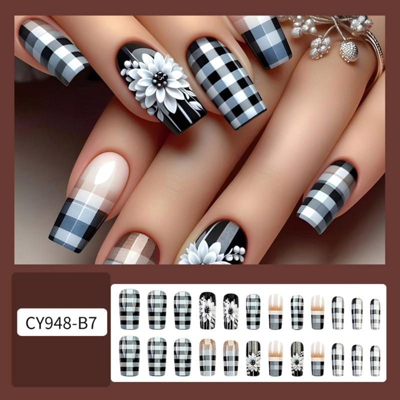 24 Pcs Checkerboard Press On Nail Medium Square False Nail White Flowers Acrylic Nail French Full Cover Stick On Nail