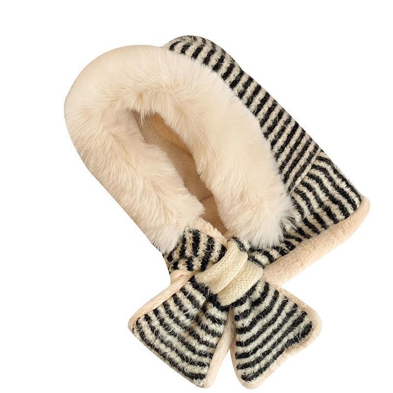 Striped plush hat scarf integrated female winter Korean version showing a small face cycling cold-proof knitted ear protector Lei Feng hat tide