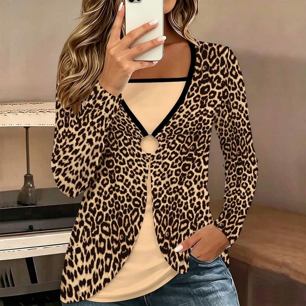 Tops for Women Floral Print Long Sleeve Fake Two‑Piece Top Fall Casual Slim Pullover Women's Long Sleeve Top