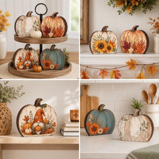 Desktop Decorative Wood Signs Thanksgiving Fall Pumpkin Table Decoration, Rustic Block Wooden Sign, Autumn Vintage Decor Farmhouse Tabletop