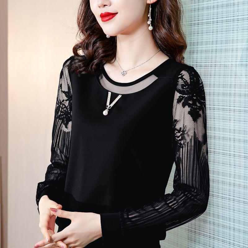 Košile s kulatým límcem, jednobarevná, krajková, jarní, podzimní oblečení, nové dámské spodní tričko, šifonový top, s dlouhým rukávem, krátké tričko