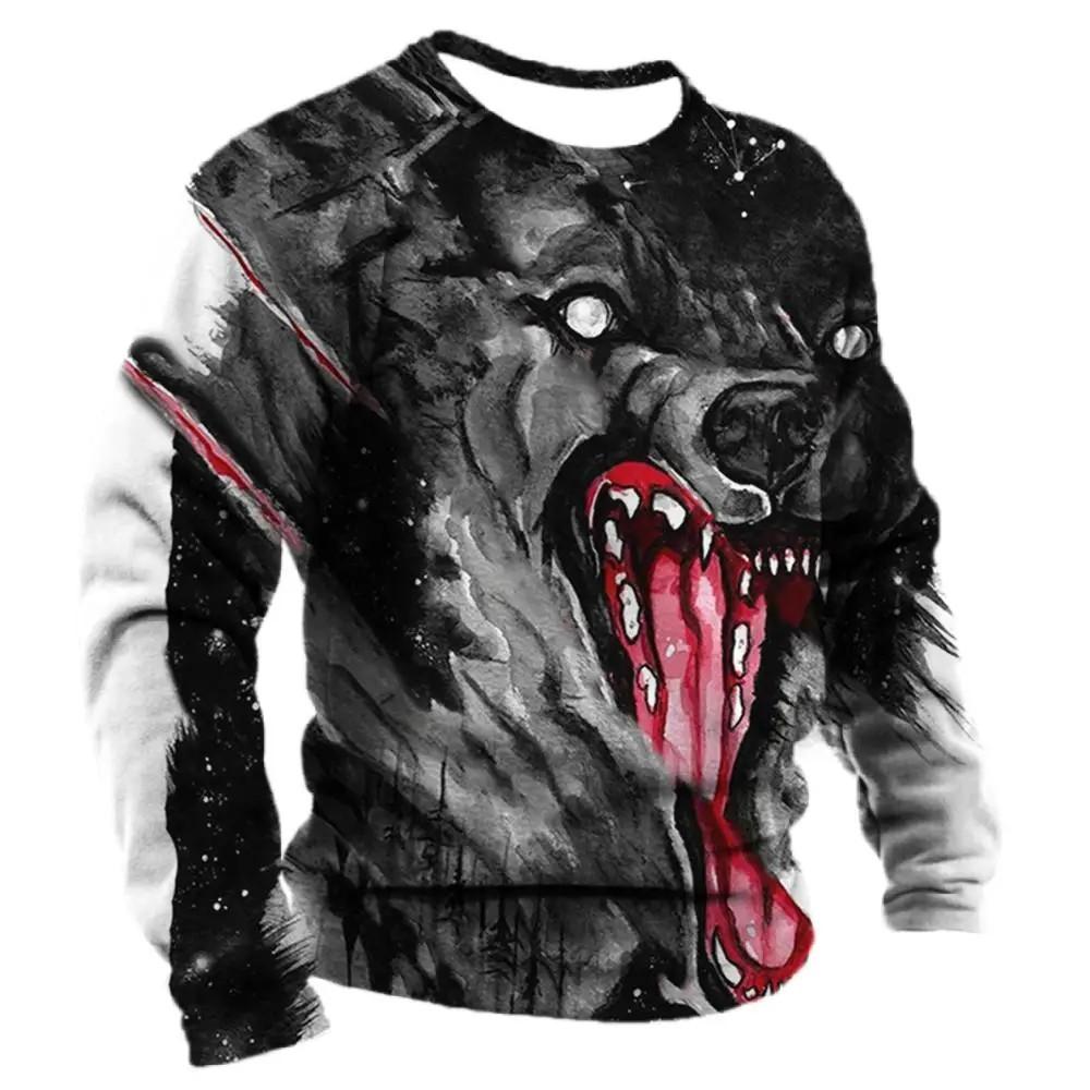 Men's Spring And Autumn Personality Retro Animal Wolf 3d Printed Round Neck Long Sleeve T-Shirt Casual Loose Breathable Jumper