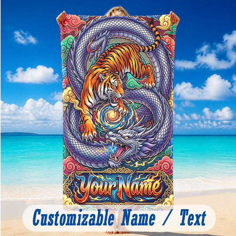 Dragon Phoenix Theme Beach Towel Personalized Custom Name & Text Soft Quick Dry Beach Towel for Swimming Travel