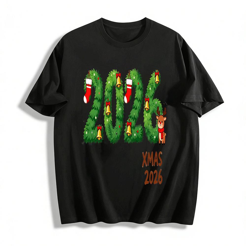 

2026 Christmas Themed Pine Bell Reindeer Print Casual Top Pure cotton T-shirt XXS