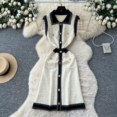 Summer Women Sleeveless Luxury Knitted Sweater Party Dress Turn-down Collar Pullover Dresses with Pocket