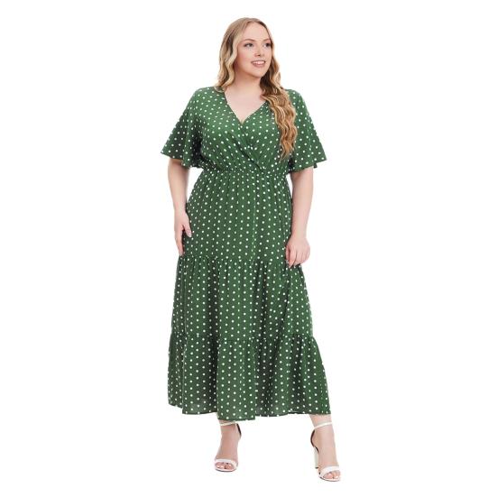 Sukienka damska plus size z dekoltem w serek, krótkim rękawem, falbankami i płynnym dołem midi