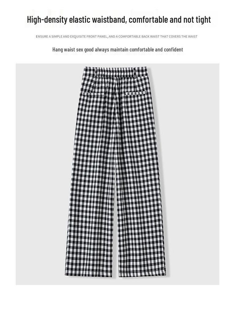 Women's Black and White Plaid Ice Silk Cropped Wide-Leg Pants - Elastic Waist, Summer Casual, Slimming, Loose Fit.