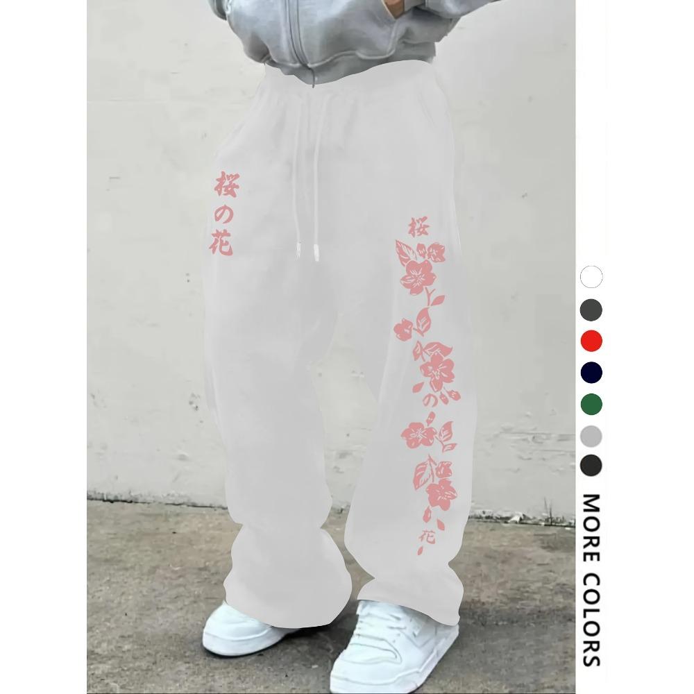 Y2K Trend Forefront Casual Sportbroek voor Heren, Joggingbroek met Print van Kersenbloesempatroon, Losse Wijde Casual Broek met Trekkoord, Heren XXXL