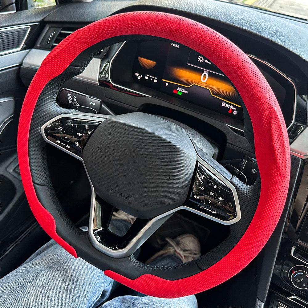 Leather Round Car Steering Wheel Cover Flat-Bottom Breathable Comfortable Feel Steering Wheel Cover D-type Steering Accessories