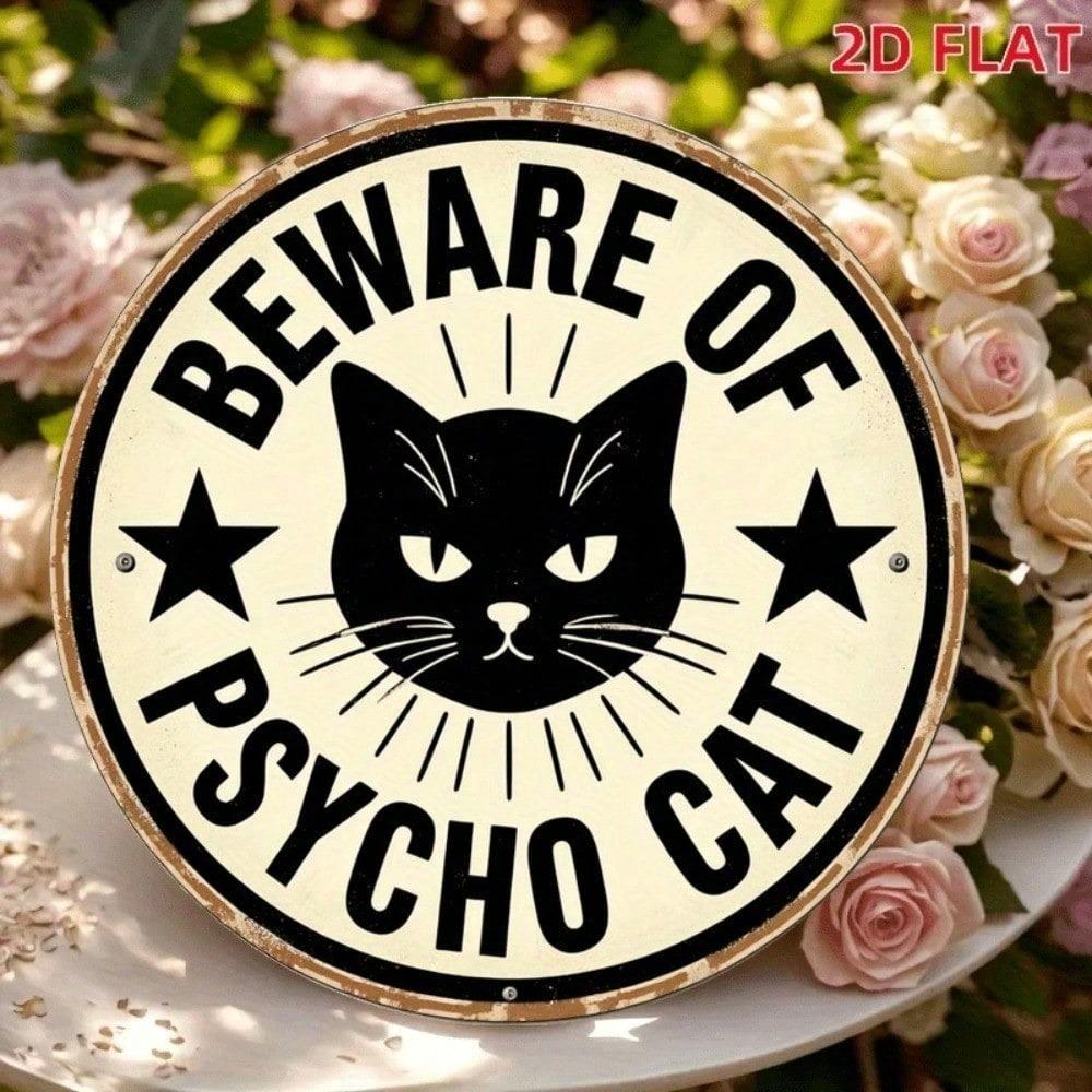 Beware Of Psycho Cat Vintage Aluminum Wall Sign 7.8 Round Rustic Metal Plaque Humorous Home Bar Garage Garden Decor Funny Gift