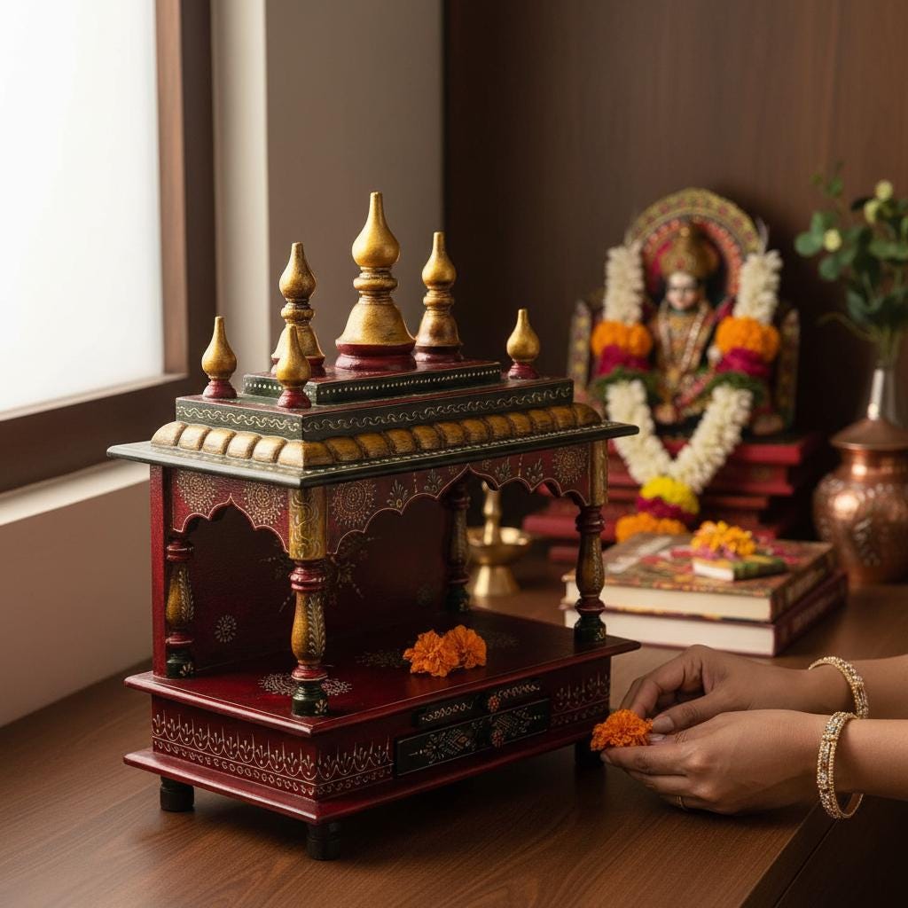 Wooden Temple | Painted Pooja Mandir Wall Desk Storage, Indian Hindu Mandir Religion | Pooja Temple For Home Office , Wall Hanging Art Gift