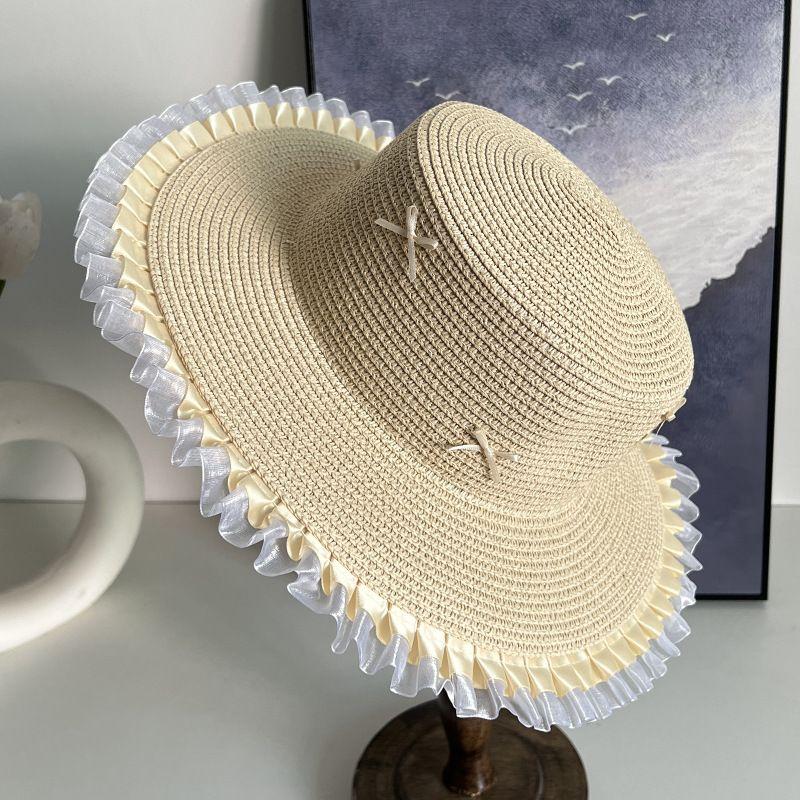 100.00kg Plus Size Women's Big Brim Grass Bows Hand-Woven Seaside Beach Hat Sun-Proof Face Cover Sun-Shade Straw Hat