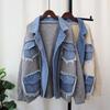 Autumn Winter Denim Pocket Spliced Women Sweater Jacket Casual Versatile Knit Female Cardigans Coat Tops