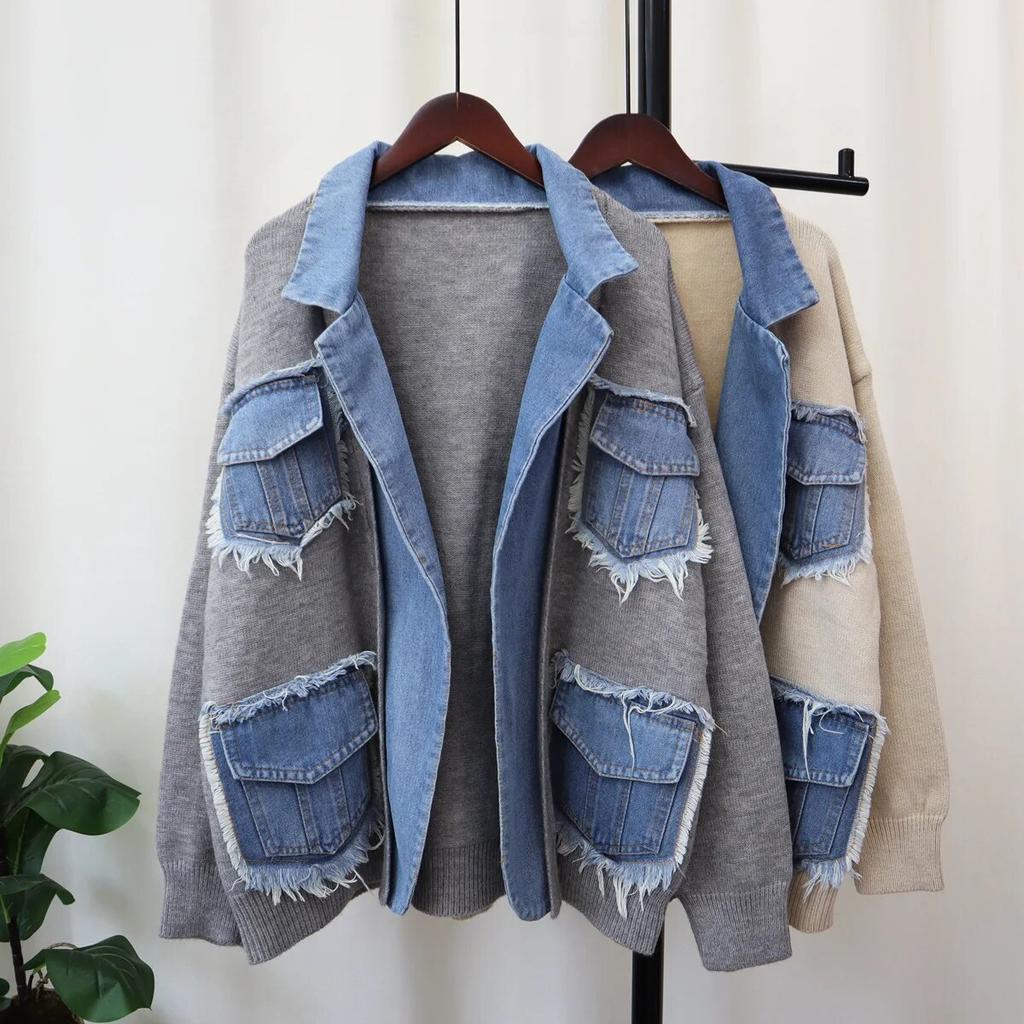 Autumn Winter Denim Pocket Spliced Women Sweater Jacket Casual Versatile Knit Female Cardigans Coat Tops