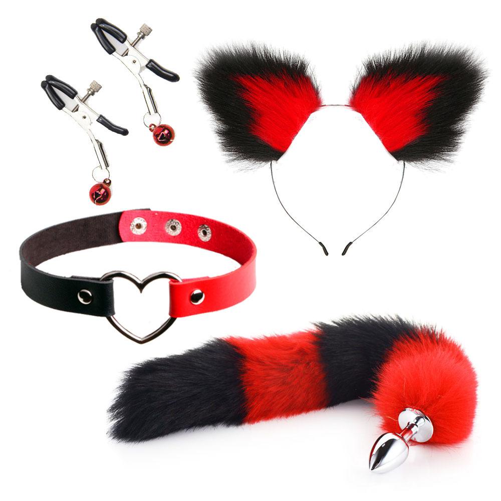 Cute Fox Tail Anal Plug Cat Ears Headbands Set  Nipple Clip Neck Collar Erotic Cosplay Sex Toys For