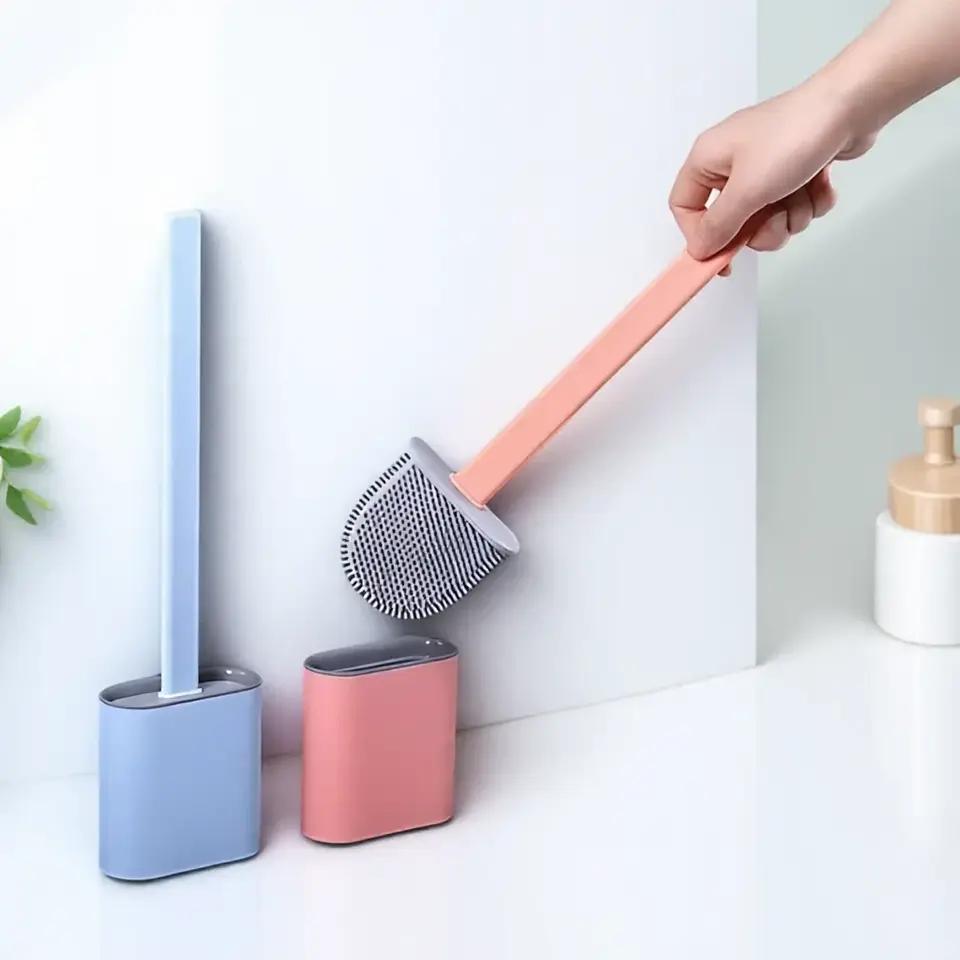 Flexible Toilet Brush Cleaner Long Handle Hanging Silicone 360 Degree No-Dead-Corner Flexible Cleaner Brush Holder Set Bathroom