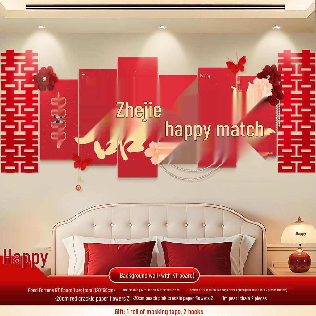 Wedding Room Décor Set: Bride & Groom Bedside Background with Pull Flowers & Double Happiness KT Board