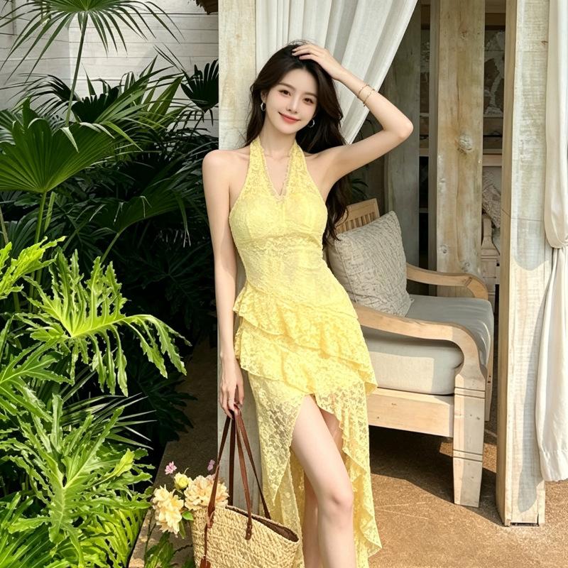 Seaside vacation irregular neck dress trailing summer front short back long skirt island lace beach dress women