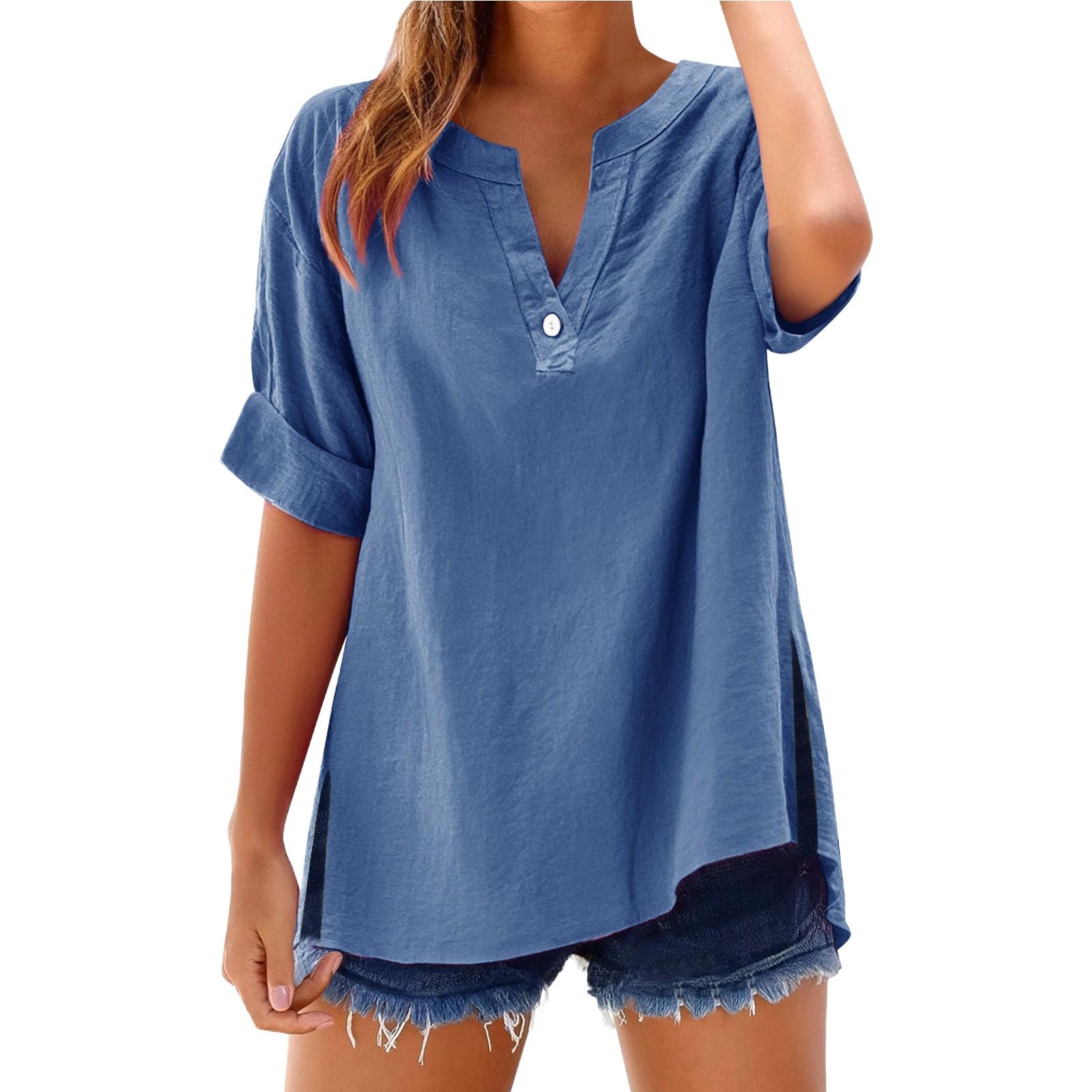 

Women s Summer Tops Fashion Button Large Size Cotton and Linen Shirts L синій