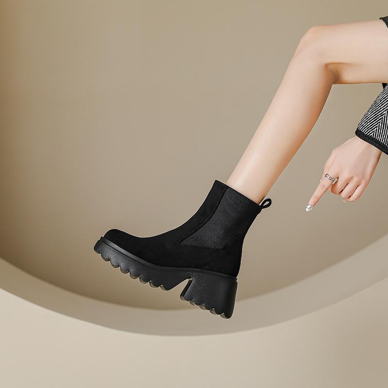 Silky suede 7cm thick heel light sole short boots women's 2025 autumn and winter elastic high heel short thin boots Martin boots