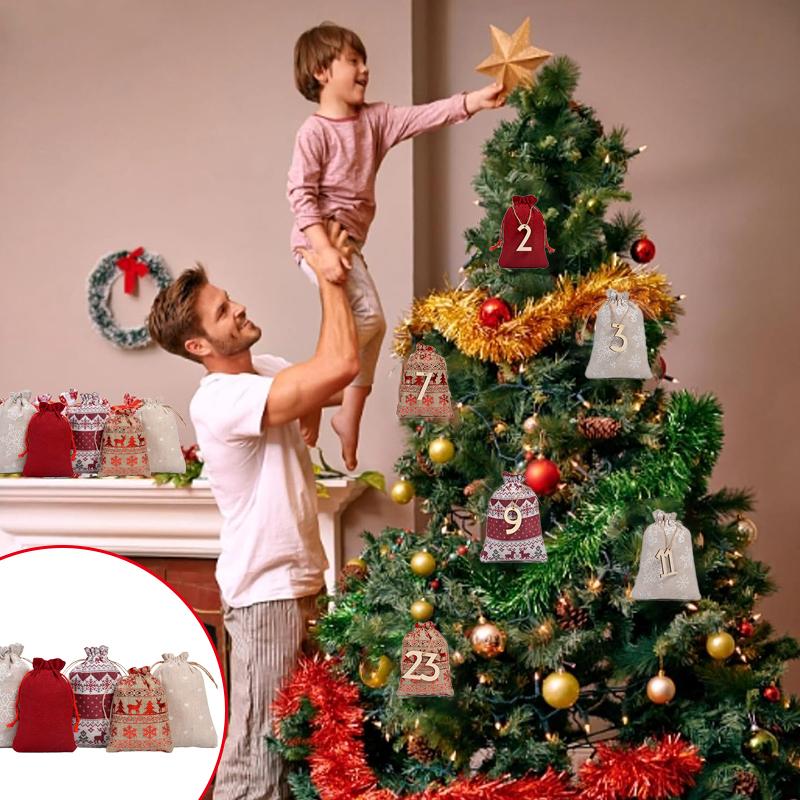 Christmas Advent Calendar Burlap Bag Drawstring Countdown Bag For DIY Candy Gift Party Favor Kids Adults