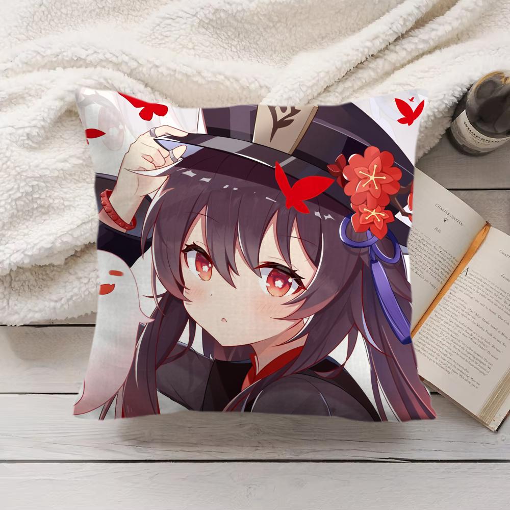 Cute Hu Tao Genshin Impact Cushion Cover Silky Short Plush Invisible Zipper Dustproof Sofa Pillow Case For Home Decor