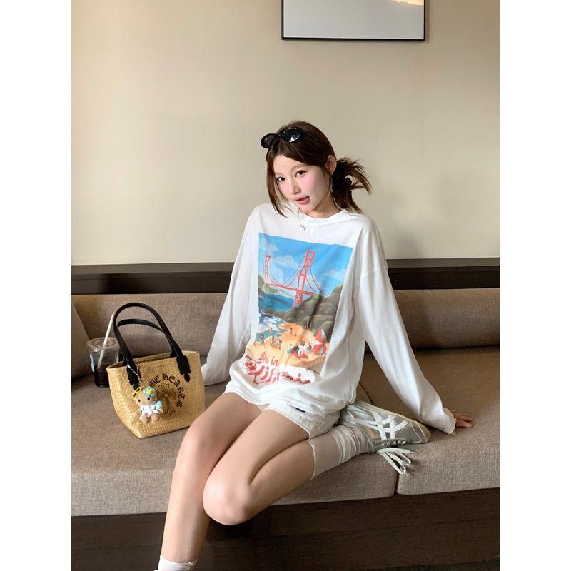 Kumikumi Casual Suit Printed Loose Long Sleeves T-shirt Women Fall White High-Waist Wide Leg Shorts Two-piece Set