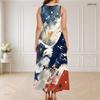 Women Plus Size Sleeveless Long Dress Round Neck Triple Keyhole Cutout Eagle Flag Print Red Blue White