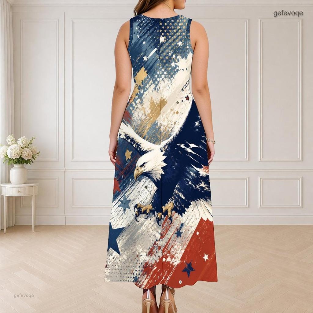 Women Plus Size Sleeveless Long Dress Round Neck Triple Keyhole Cutout Eagle Flag Print Red Blue White