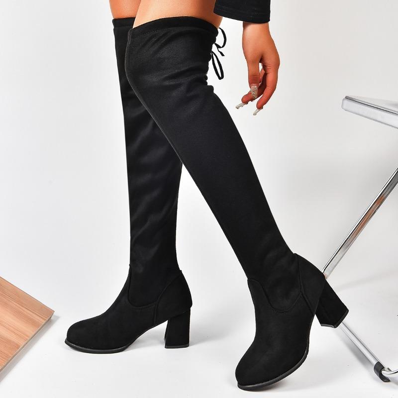 Autumn and Winter New Skinny Over-the-knee Women's Skinny Leg Stretch Boots Round Toe Block Heel High-heeled Long-leg Boots