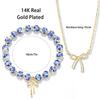 Bow Bracelet Necklace Set 14K Gold Beaded Flower Vintage Stretch Bracelet Dainty Bow Pendant Choker Jewelry Gift for Women Girls