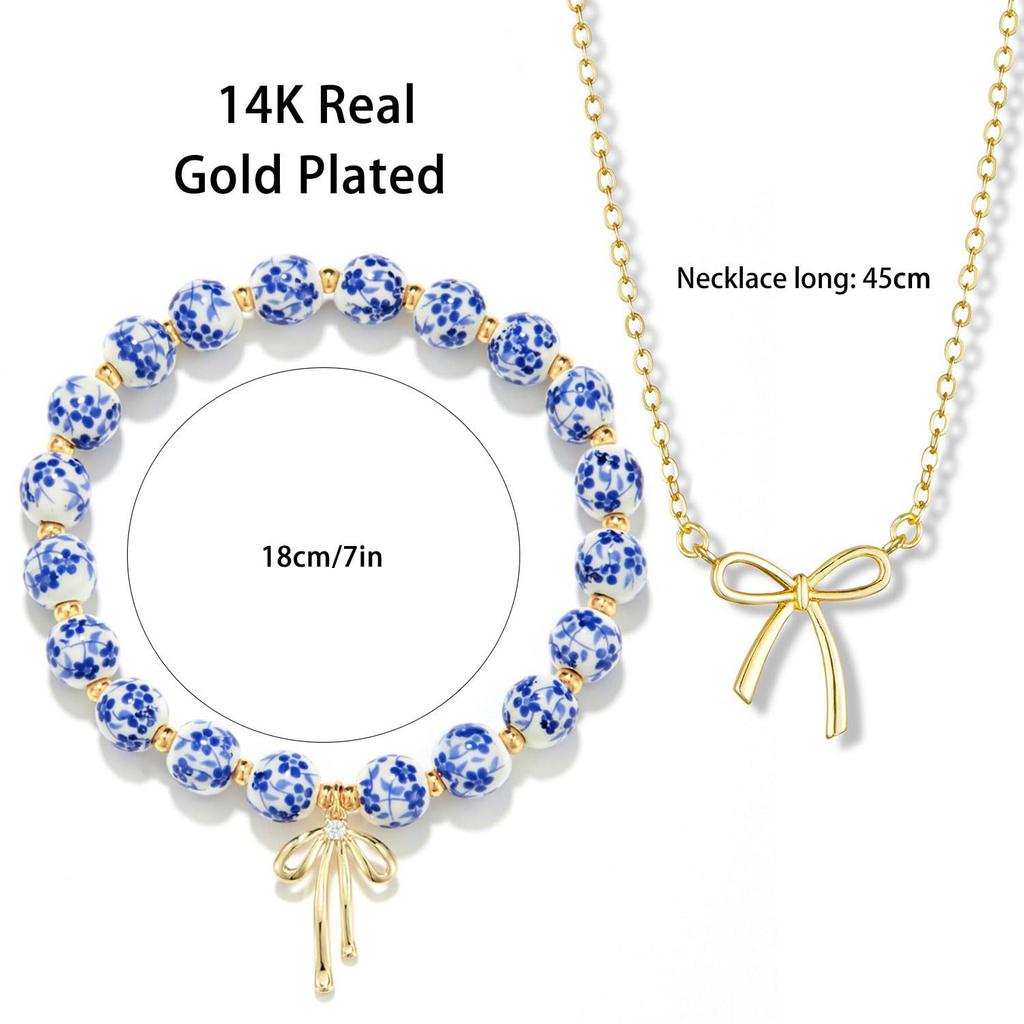 Bow Bracelet Necklace Set 14K Gold Beaded Flower Vintage Stretch Bracelet Dainty Bow Pendant Choker Jewelry Gift for Women Girls