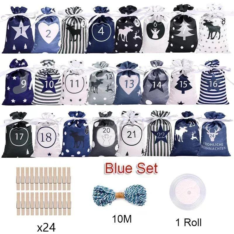

Drawstring Christmas Advent Calendar Gift Bags 24pcs Set Reusable Hanging Bag for Holiday Countdown Halloween Candy Storage Noël 10x15cm синий
