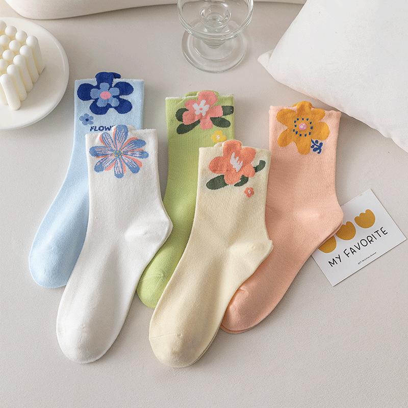 5 Pairs of Spring and Autumn Socks, Women's Mid-calf Socks, Thin, Non-pouting Tulip Stockings, Three-dimensional Solid Color, Versatile Flowers