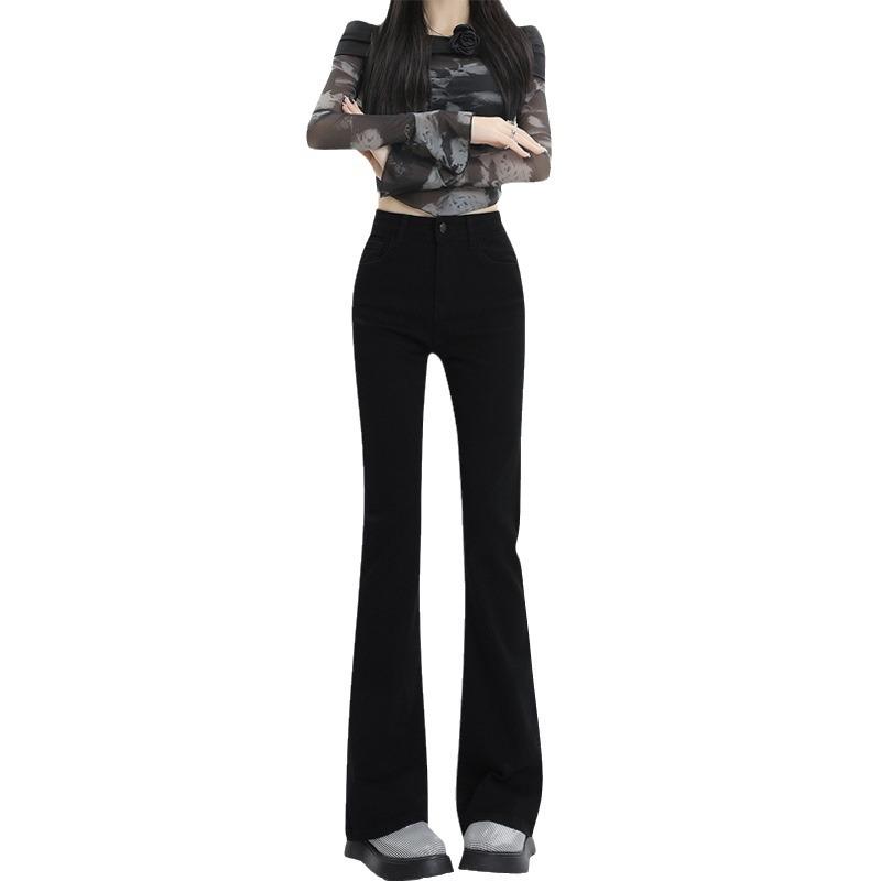 2025 Women's High Waist Black Flared Jeans: Elastic Slim Fit for Spring & Autumn