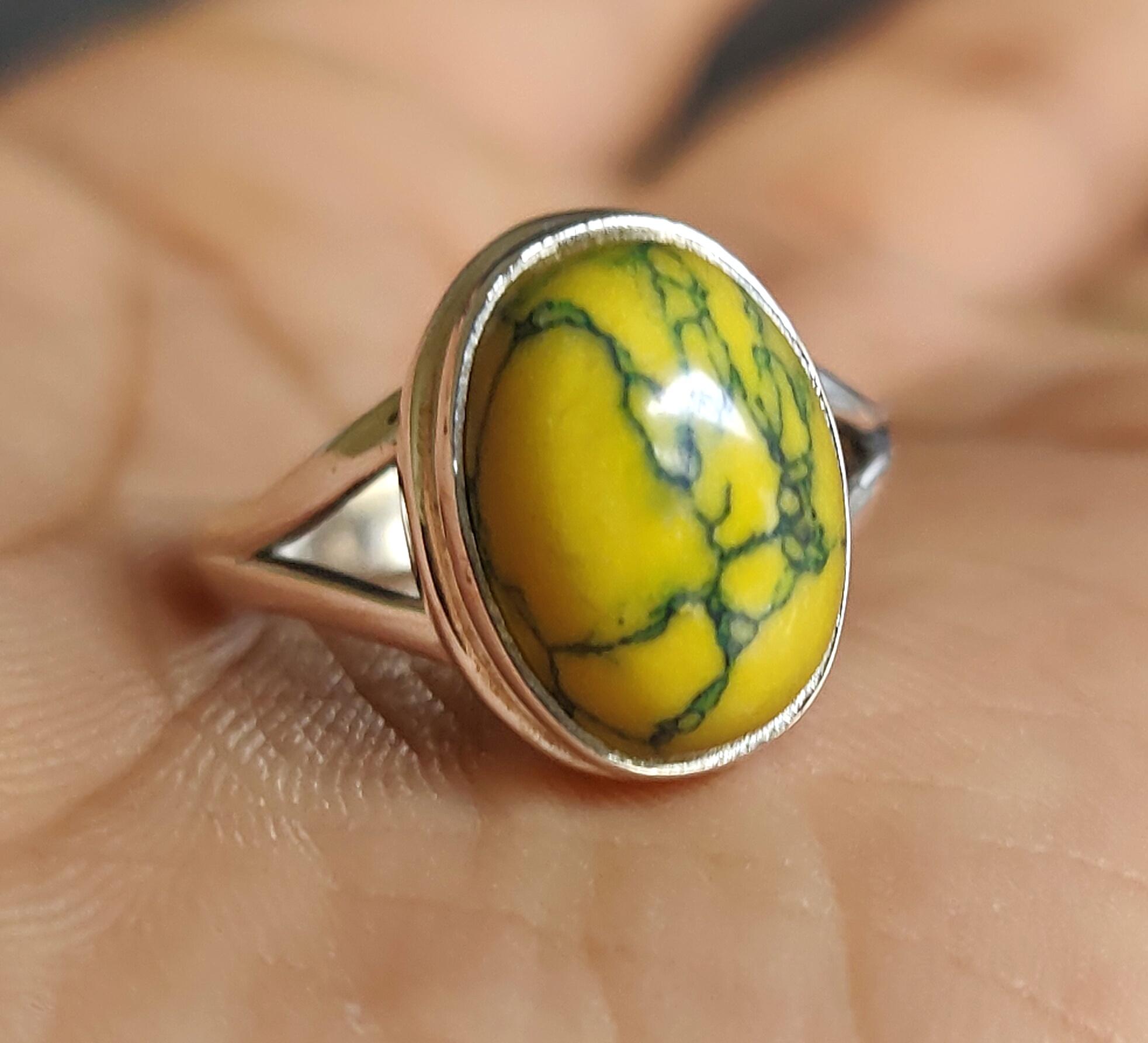

Кольцо с желтой бирюзой, кольцо из стерлингового серебра 925 пробы, желтый медный драгоценный камень с бирюзой, дизайнерское кольцо, подарочное кольцо 12