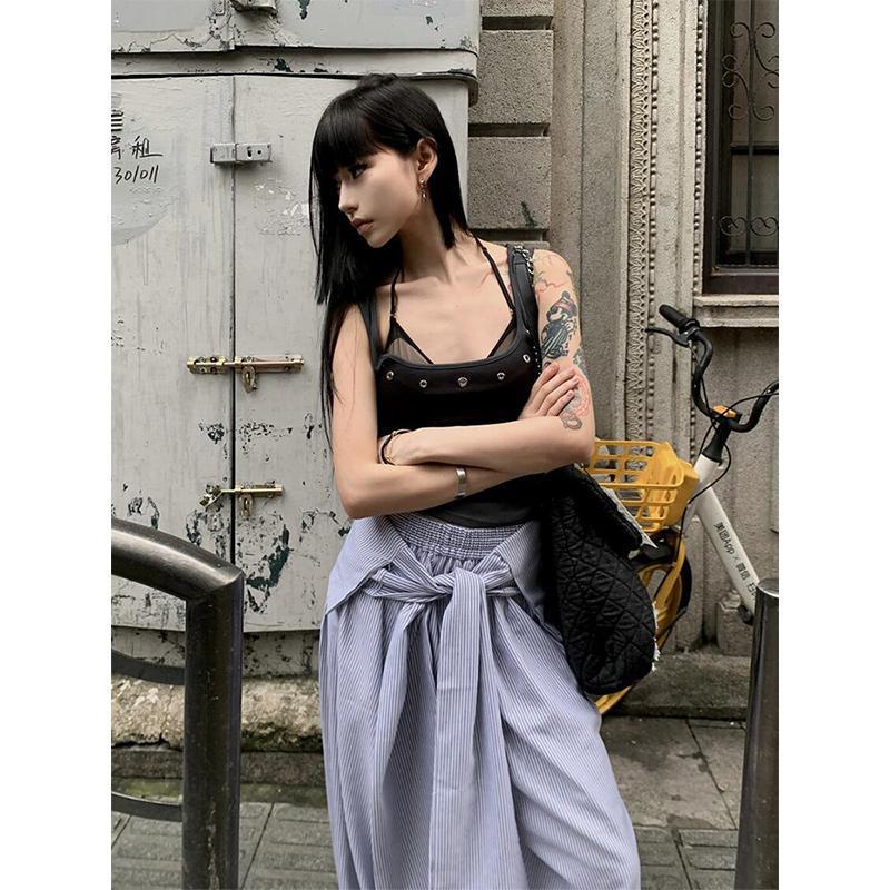 INS Lazy Style Striped Layered Wide-Leg Tie-Up High Waist Casual Floor-Length Pants