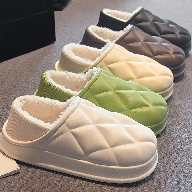 Women's Winter Heeled Cotton Slippers Plush Outdoor Shoes Men's Thick-Soled Soft Home Slippers